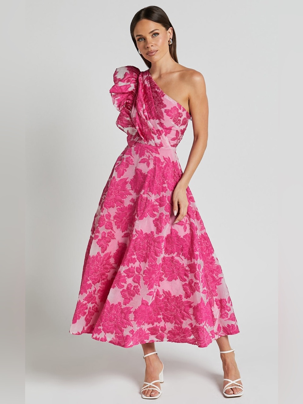 SHOWPO. Alfreda Mini Dress One Shoulder Ruffle Detail Brailey Jacquard Pink 6